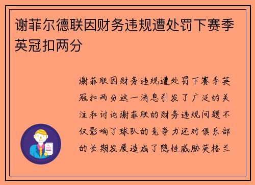 谢菲尔德联因财务违规遭处罚下赛季英冠扣两分
